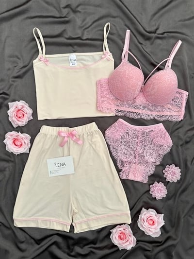 Ekru Şeker Fiyonk Detaylı Dörtlü Şortlu Pijama Takımı