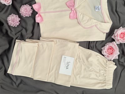 Ekru Şeker Fiyonk Detaylı Kısa Kollu Pijama Takımı