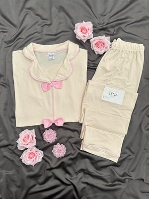 Ekru Şeker Fiyonk Detaylı Kısa Kollu Pijama Takımı