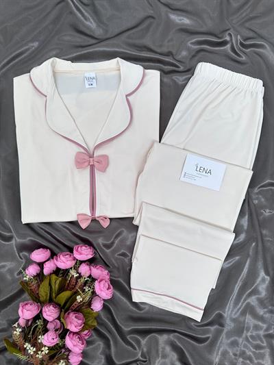 Ekru Şeker Fiyonk Detaylı Kısa Kollu Pijama Takımı 