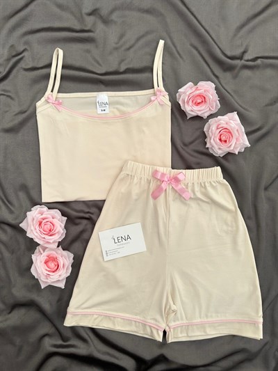Ekru Şeker Fiyonk Detaylı Şortlu Pijama Takımı