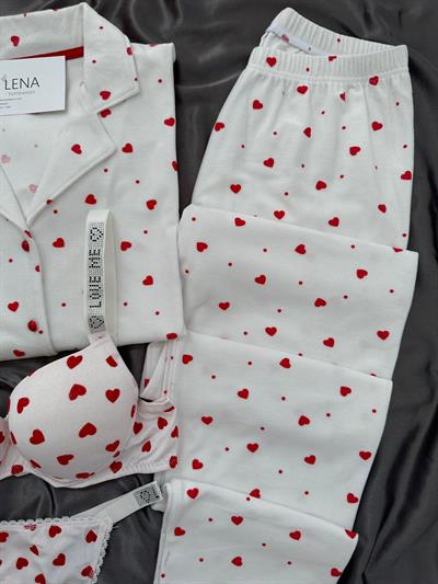Ekru Süet Kalpli Dörtlü Pijama Seti