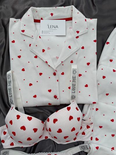 Ekru Süet Kalpli Dörtlü Pijama Seti