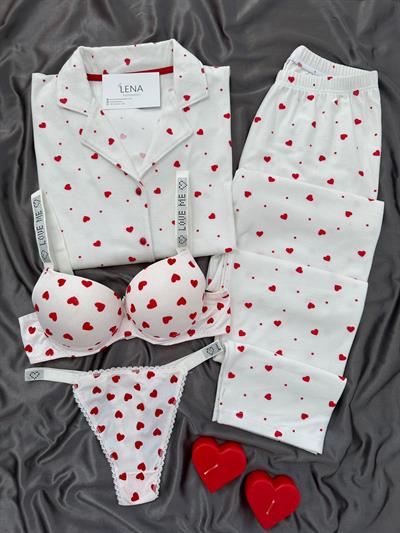 Ekru Süet Kalpli Dörtlü Pijama Seti