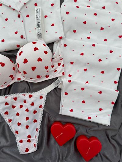 Ekru Süet Kalpli Dörtlü Pijama Seti