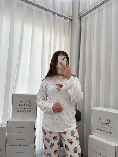 Ekru Uykucu Ayıcık Desenli 4lü Berlin Pijama Takımı