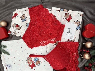 Ekru Uykucu Ayıcık Desenli 4lü Berlin Pijama Takımı