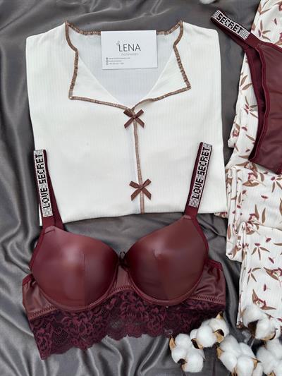 Ekru Yaprak Desenli Dörtlü Pijama Seti