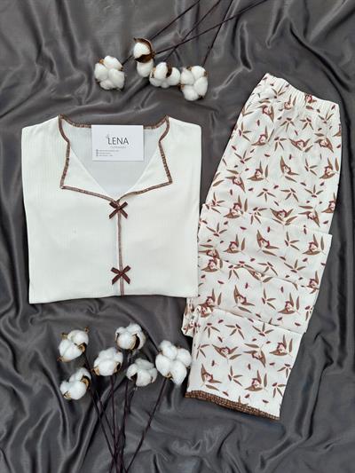 Ekru Yaprak Desenli Fiyonk Detaylı Pijama Takımı