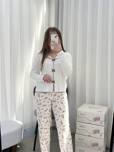 Ekru Yaprak Desenli Fiyonk Detaylı Pijama Takımı