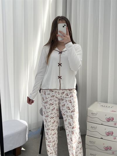 Ekru Yaprak Desenli Fiyonk Detaylı Pijama Takımı