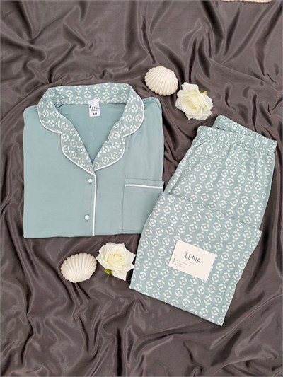 Ekru Yaprak Desenli Mint Milan Uzun Kollu Pijama Takımı