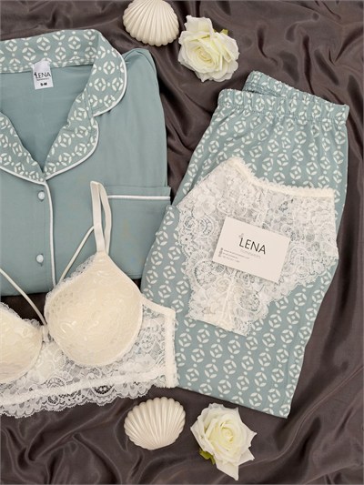 Ekru Yaprak Desenli Mint Milan Uzun Kollu 4lü Pijama Takımı