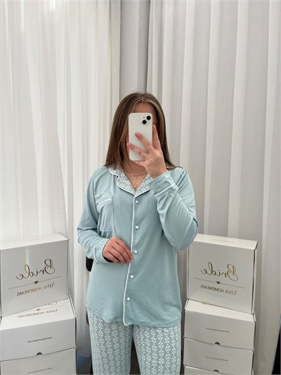 Ekru Yaprak Desenli Mint Milan Uzun Kollu Pijama Takımı