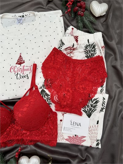 Ekru Yılbaşı Ağacı Desenli 4lü Berlin Pijama Takımı