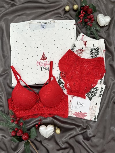 Ekru Yılbaşı Ağacı Desenli 4lü Berlin Pijama Takımı