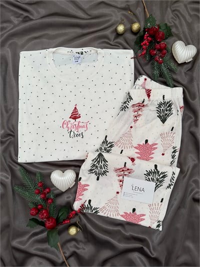 Ekru Yılbaşı Ağacı Desenli Berlin Pijama Takımı