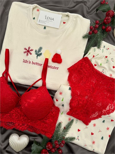 Ekru Yılbaşı İşlemeli 4lü Fransız Kadife Pijama Takımı