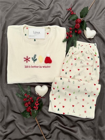 Ekru Yılbaşı İşlemeli Fransız Kadife Pijama Takımı