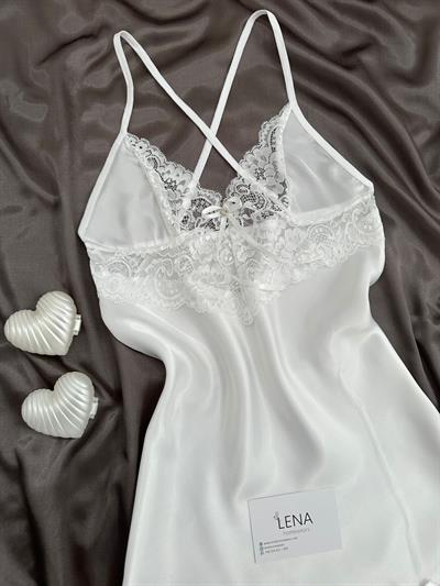 Ekru Yırtmaçlı Saten Gecelik 