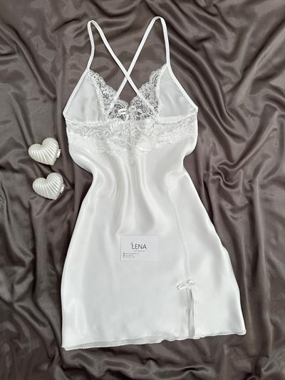 Ekru Yırtmaçlı Saten Gecelik 