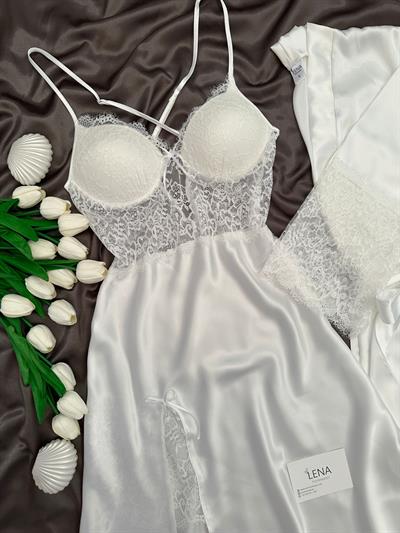 Enchante Lüks Dantelli Yırtmaçlı Uzun Gecelik & Sabahlık 