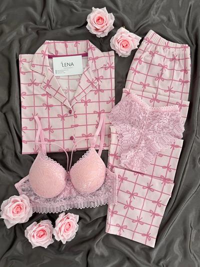 Fiyonk Desenli Düğmeli Dörtlü Pijama Seti