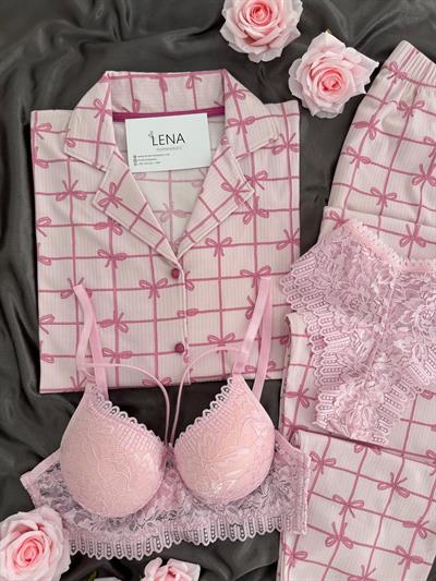 Fiyonk Desenli Düğmeli Dörtlü Pijama Seti