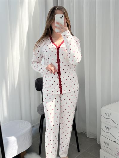 Fiyonk Desenli Ekru Berlin Pijama Takımı