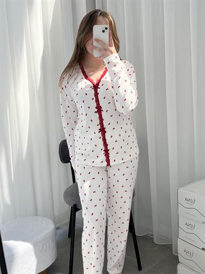 Fiyonk Desenli Ekru Berlin Pijama Takımı