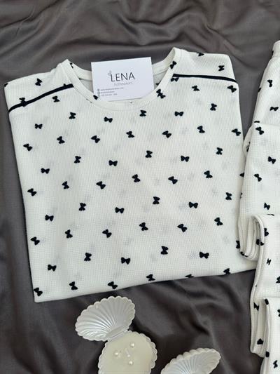 Fiyonk Desenli Ekru Waffle Premium Pijama Takımı