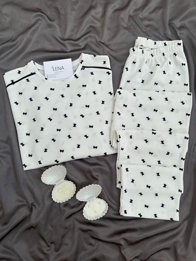Fiyonk Desenli Ekru Waffle Premium Pijama Takımı
