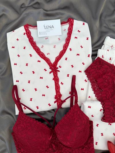 Fiyonklu Dantel Şeritli Dörtlü Pijama Seti