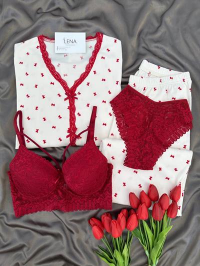 Fiyonklu Dantel Şeritli Dörtlü Pijama Seti