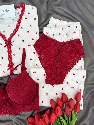 Fiyonklu Dantel Şeritli Dörtlü Pijama Seti