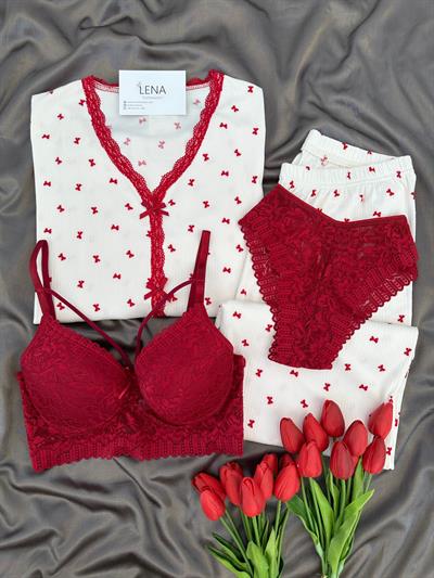 Fiyonklu Dantel Şeritli Dörtlü Pijama Seti