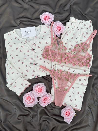 Flowy Çiçek Desenli Dörtlü Pijama Seti