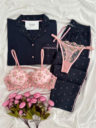 Füme Çiçek Desenli Waffle Dörtlü Pijama Seti
