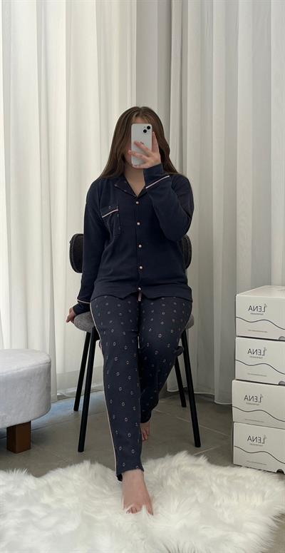 Füme Çiçek Desenli Waffle Dörtlü Pijama Seti