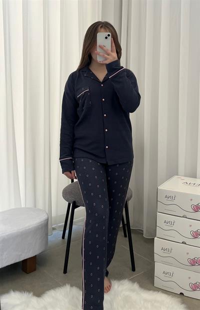 Füme Çiçek Desenli Waffle Dörtlü Pijama Seti