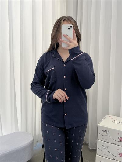 Füme Çiçek Desenli Waffle Dörtlü Pijama Seti
