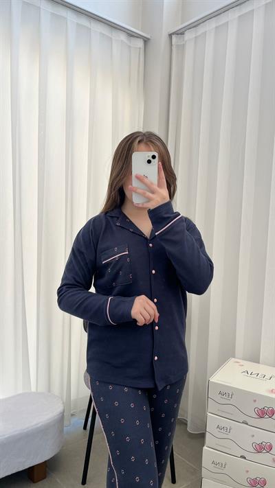 Füme Çiçek Desenli Waffle Dörtlü Pijama Seti