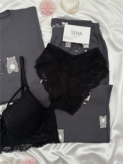 Gri Ayıcık Desenli 4lü Berlin Pijama Takımı