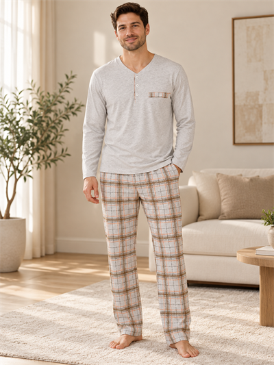 Gri Ekose Erkek Uzun kollu Pamuklu Pijama Takımı