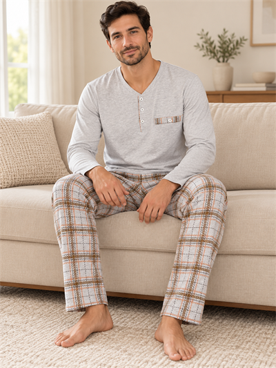 Gri Ekose Erkek Uzun kollu Pamuklu Pijama Takımı