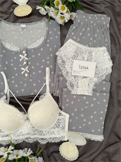 Gri Mini Papatya 4lü Pijama & Çamaşır Seti