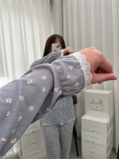 Gri Mini Papatya 4lü Pijama & Çamaşır Seti