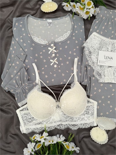 Gri Mini Papatya 4lü Pijama & Çamaşır Seti