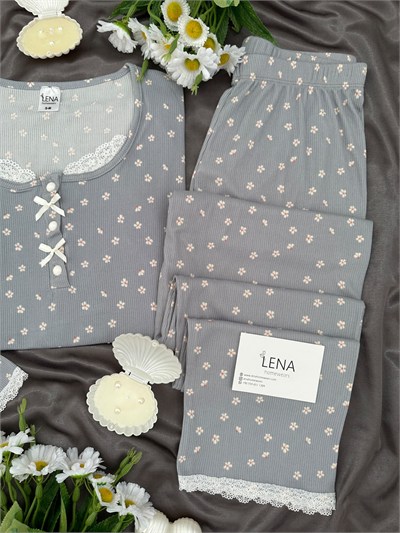 Gri Mini Papatya Uzun Kollu Berlin Pijama Takımı