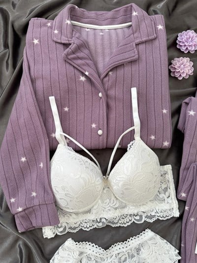 Gülkursu Yıldız Desenli Dörtlü Polar Pijama Takımı